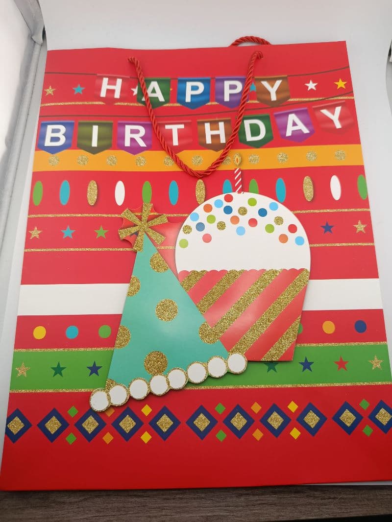 Bolsa de regalo Happy Birthday roja con detalles dorados, 30x40x12 cm