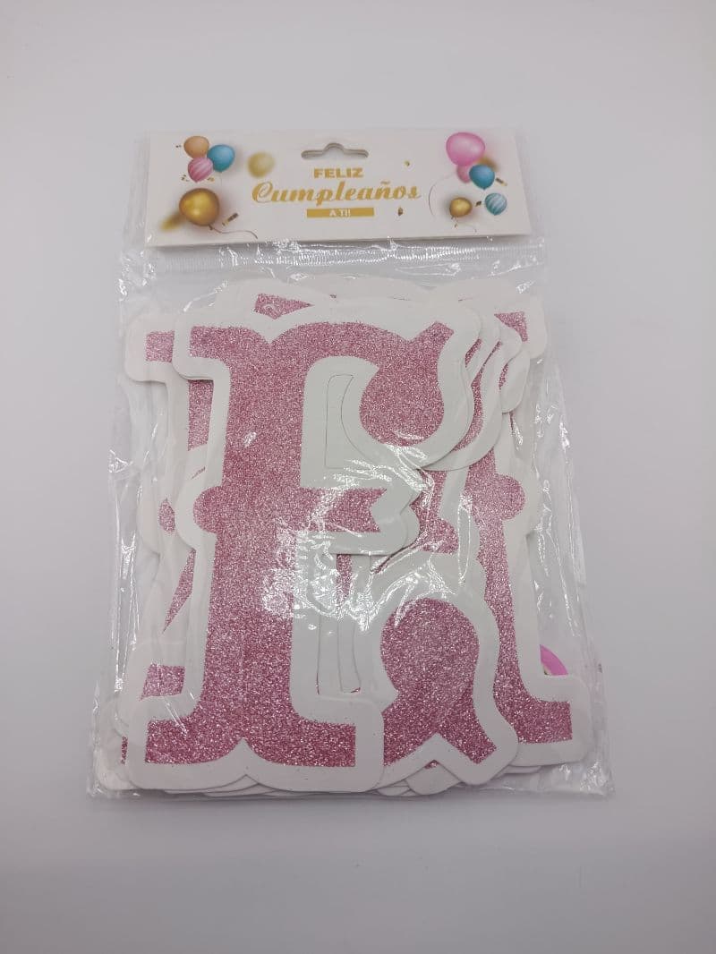 Letrero Feliz Cumpleaños con letras glitter rosa
