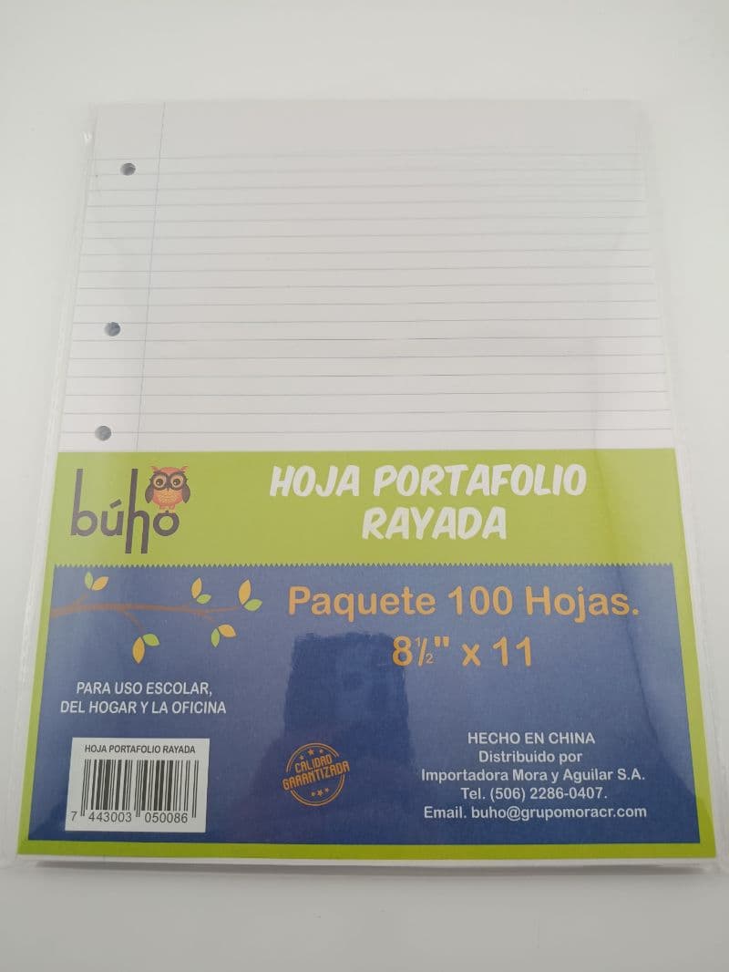Hoja portafolio rayada Búho, paquete 100 hojas