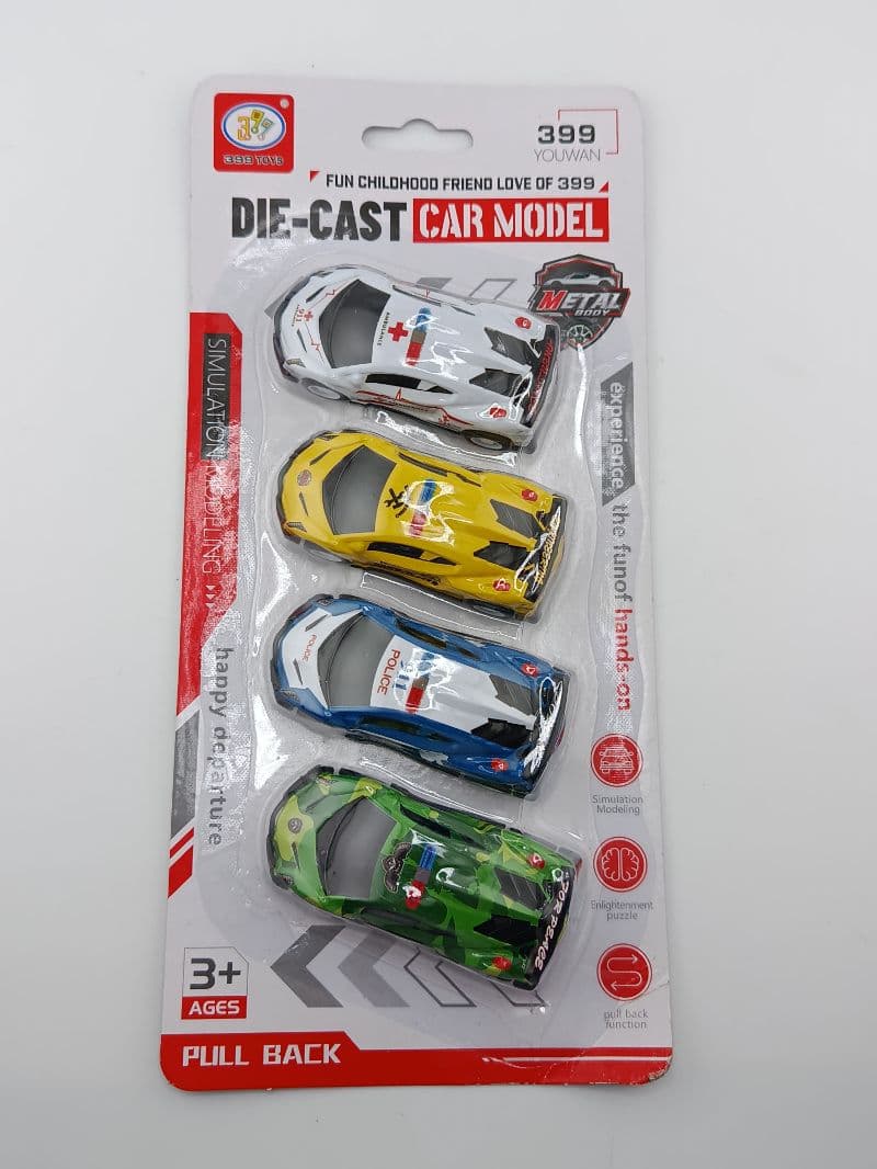 Set de 4 carros de juguete die-cast con función pull-back