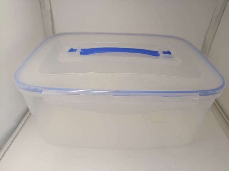 Caja organizadora grande transparente con tapa y manija azul