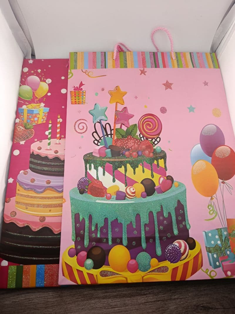 Bolsa de regalo grande con escarcha — diseño torta de cumpleaños, 30x12x41 cm