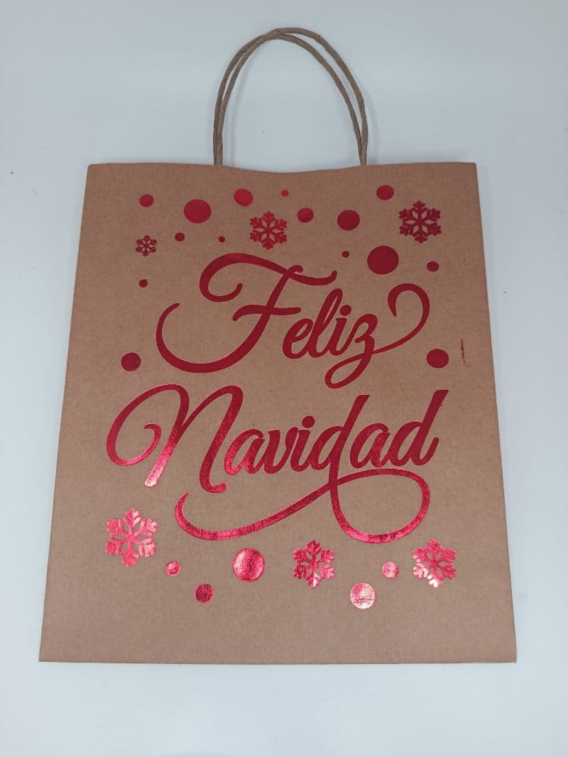 Bolsa de regalo kraft mediana con Feliz Navidad en foil rojo