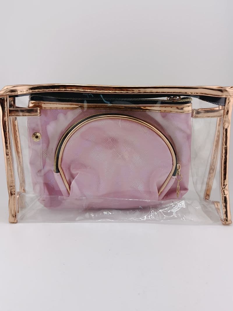Set de cosmetiqueras 3 piezas — transparente y rosada