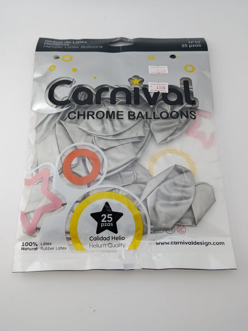Globos de Látex Metálicos Carnival Chrome Plateados N°12 (25 Unidades)