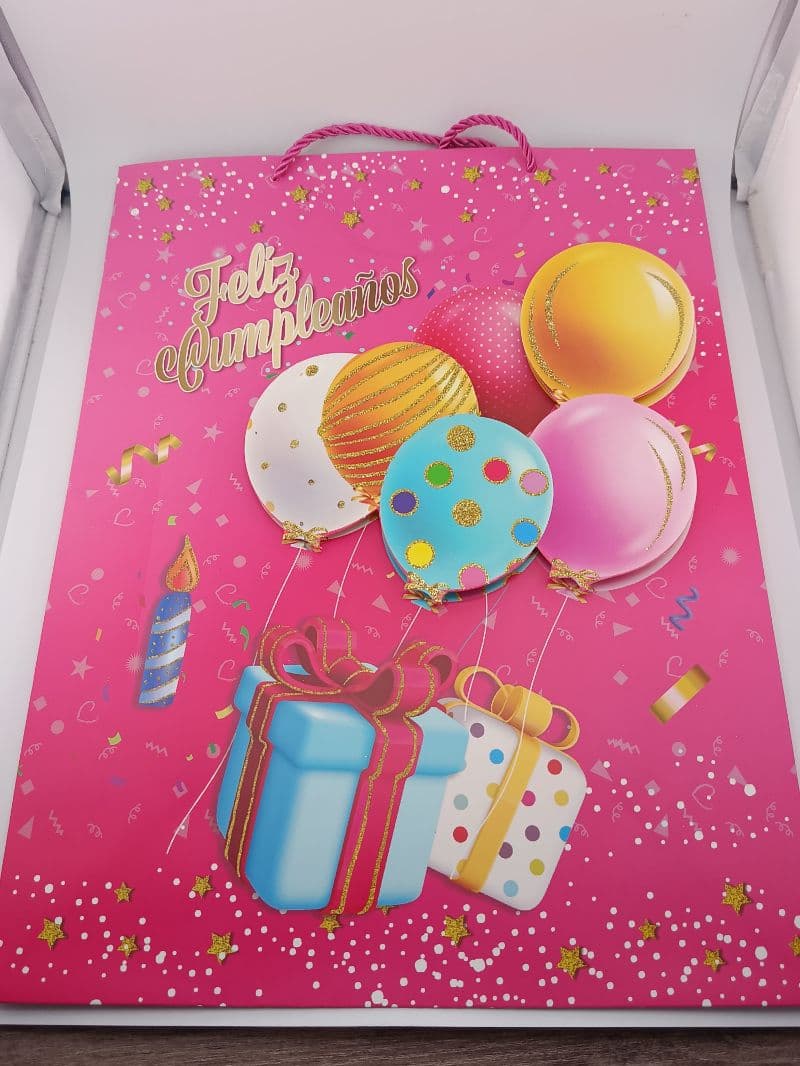 Bolsa de regalo Feliz Cumpleaños rosada con globos, 30x40x12 cm