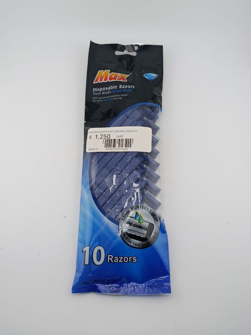 Rastrillos desechables doble hoja Max, paquete de 10 unidades