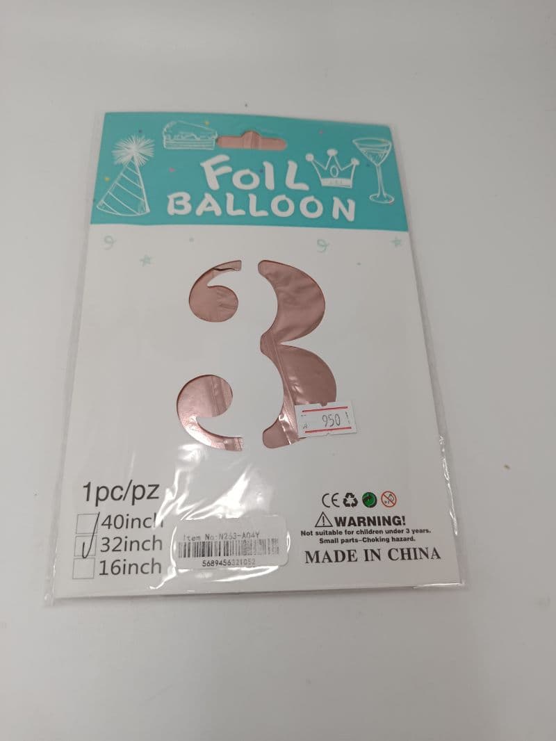 Globo metálico número 3 oro rosa de 32 pulgadas