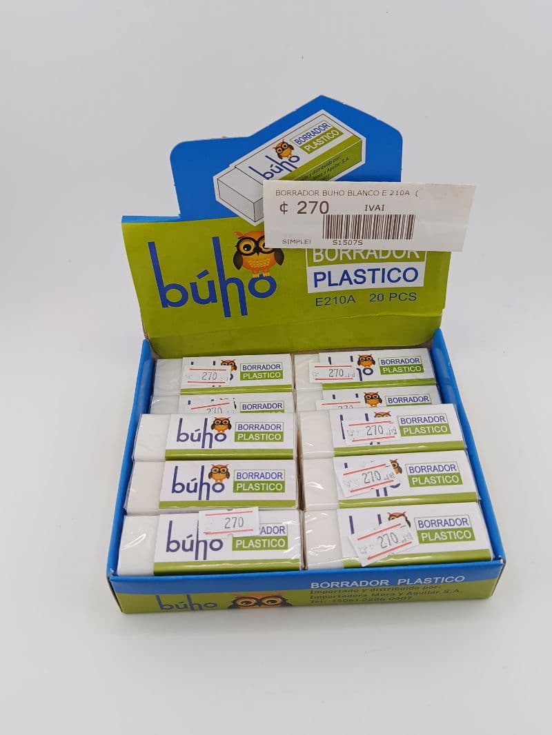 Borrador Plástico Blanco Búho E210A — Caja de 20 unidades