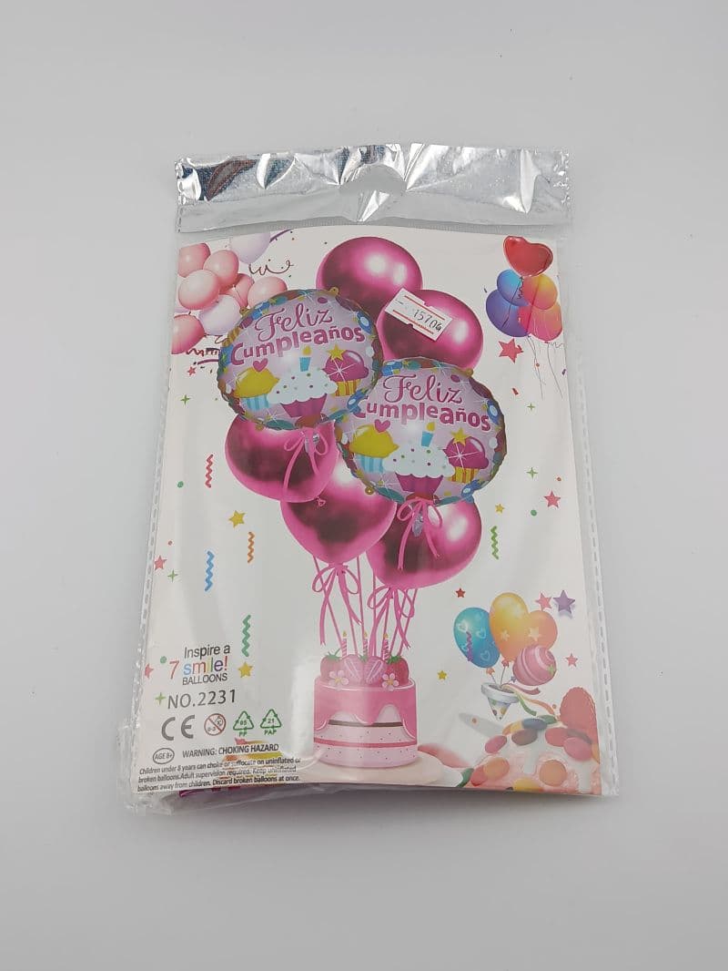 Set de 7 globos metálicos Feliz Cumpleaños — rosado/fucsia