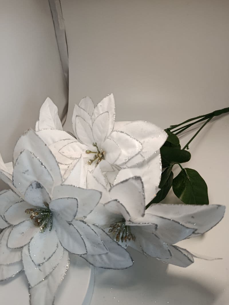 Ramo de pastoras navideñas blancas escarchadas de 5 flores
