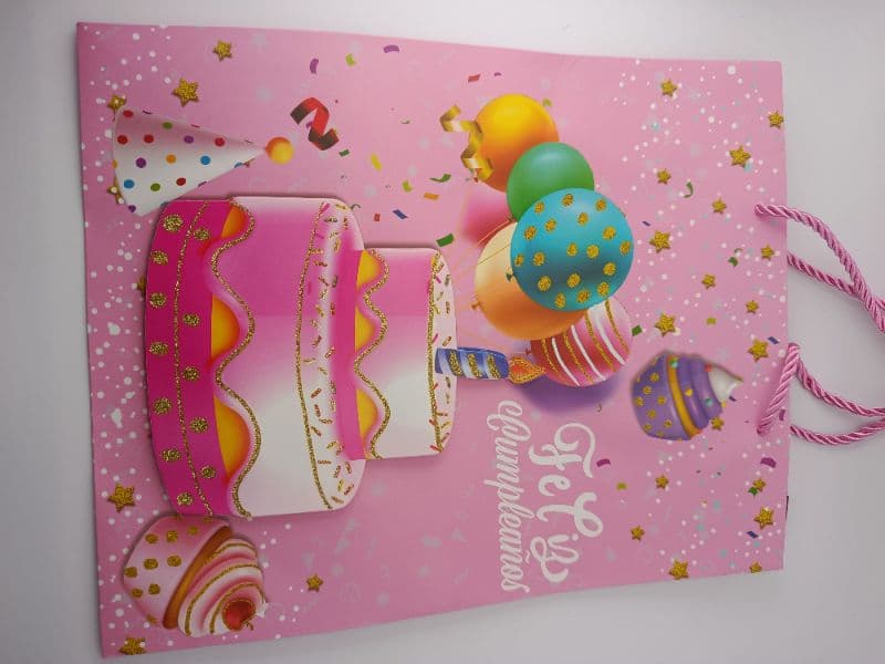 Bolsa de Regalo Feliz Cumpleaños Rosada con Queque y Globos 26x32x10 cm