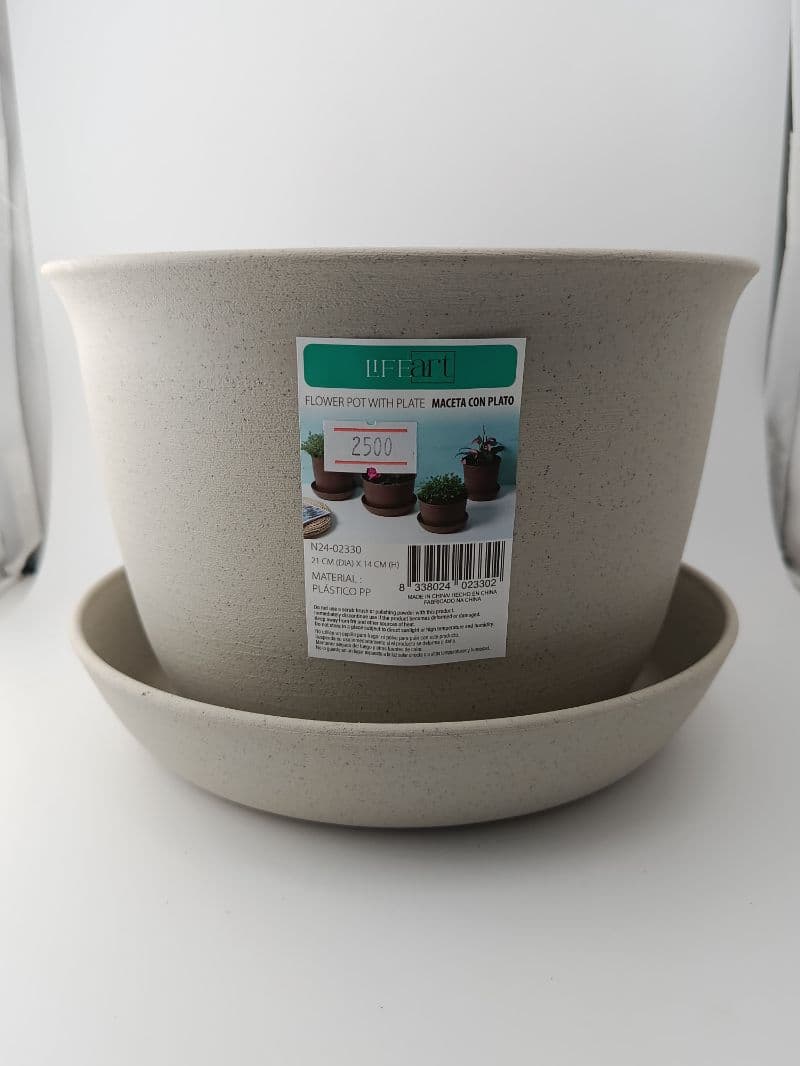 Maceta de plástico con plato 21 x 14 cm — tono arena