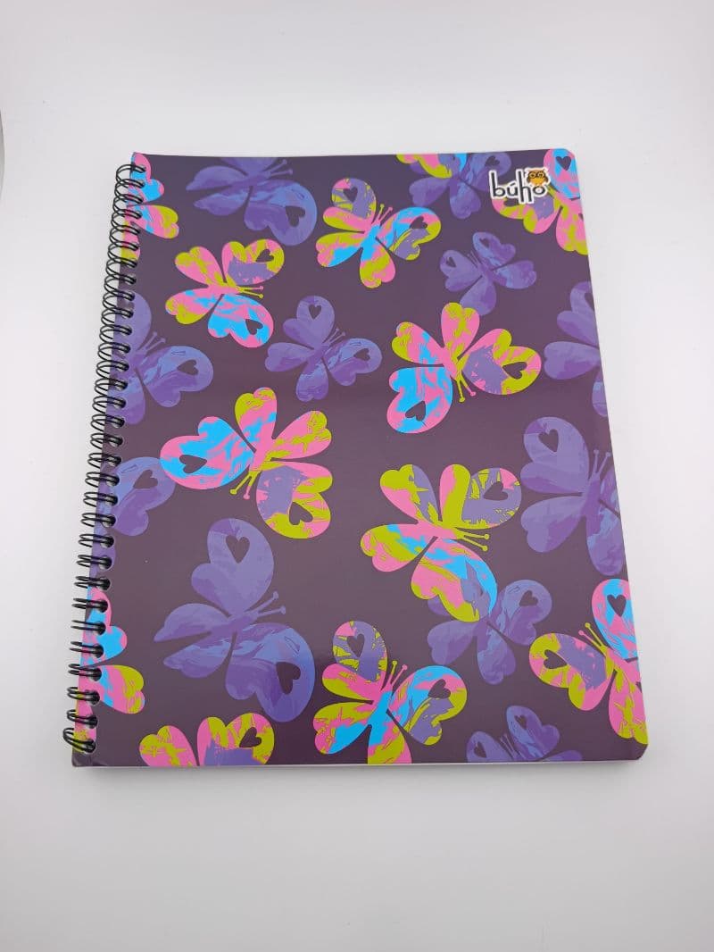 Cuaderno espiral 100 hojas Buho, diseño mariposas