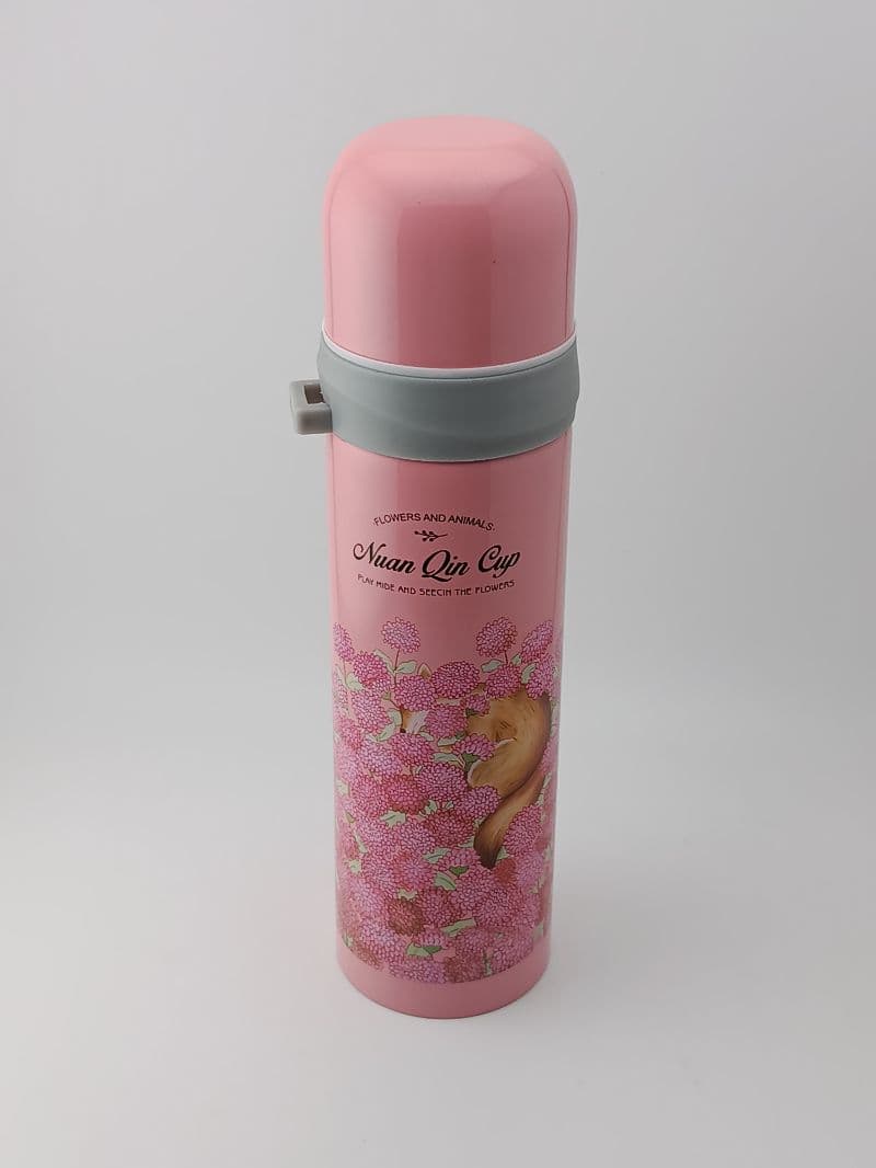 Termo Aislante Rosado de 500 ml con Diseño de Flores y Gato
