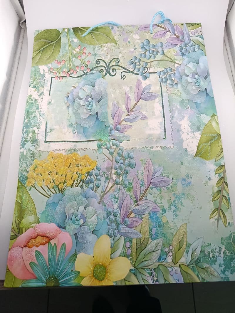 Bolsa de regalo grande con diseño floral y escarcha, 30x12x41 cm