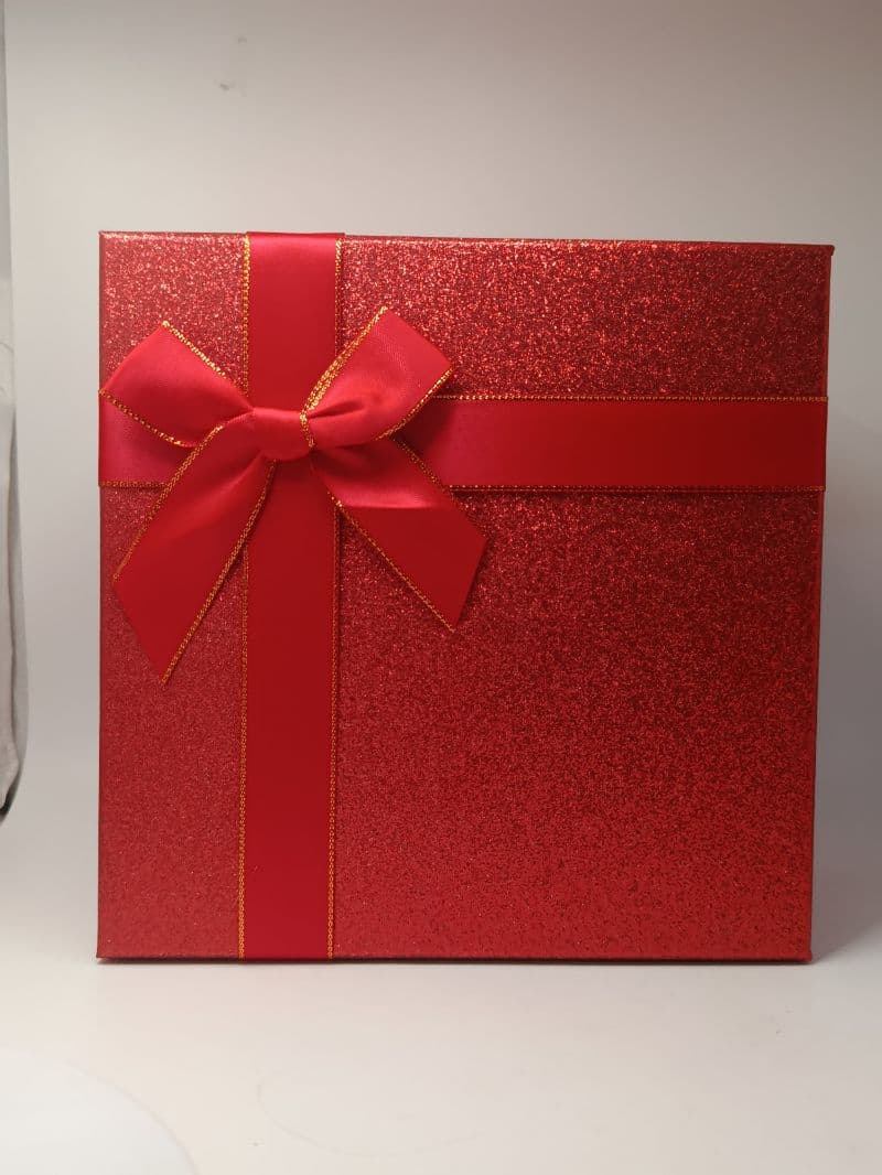 Caja de Regalo de Cartón Roja con Escarcha y Lazo 19 x 19 x 9 cm