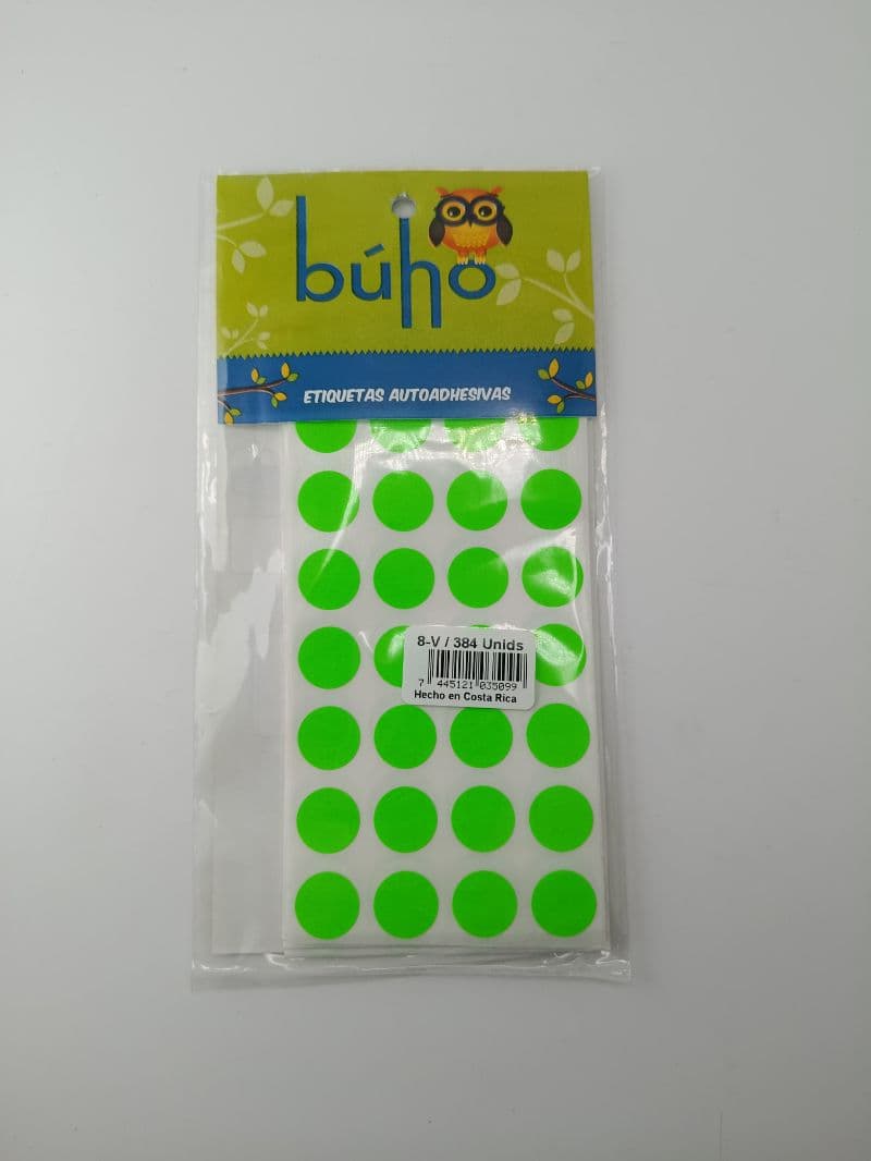 Etiquetas Autoadhesivas Redondas Búho Verde Neón 8-V (384 unidades)