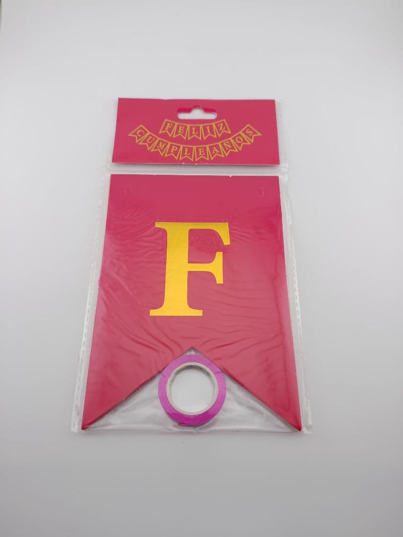 Letrero Feliz Cumpleaños (banderín fucsia y dorado)