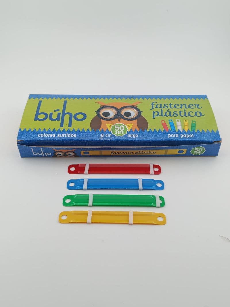 Fasteners plásticos Búho colores surtidos 8 cm — caja de 50