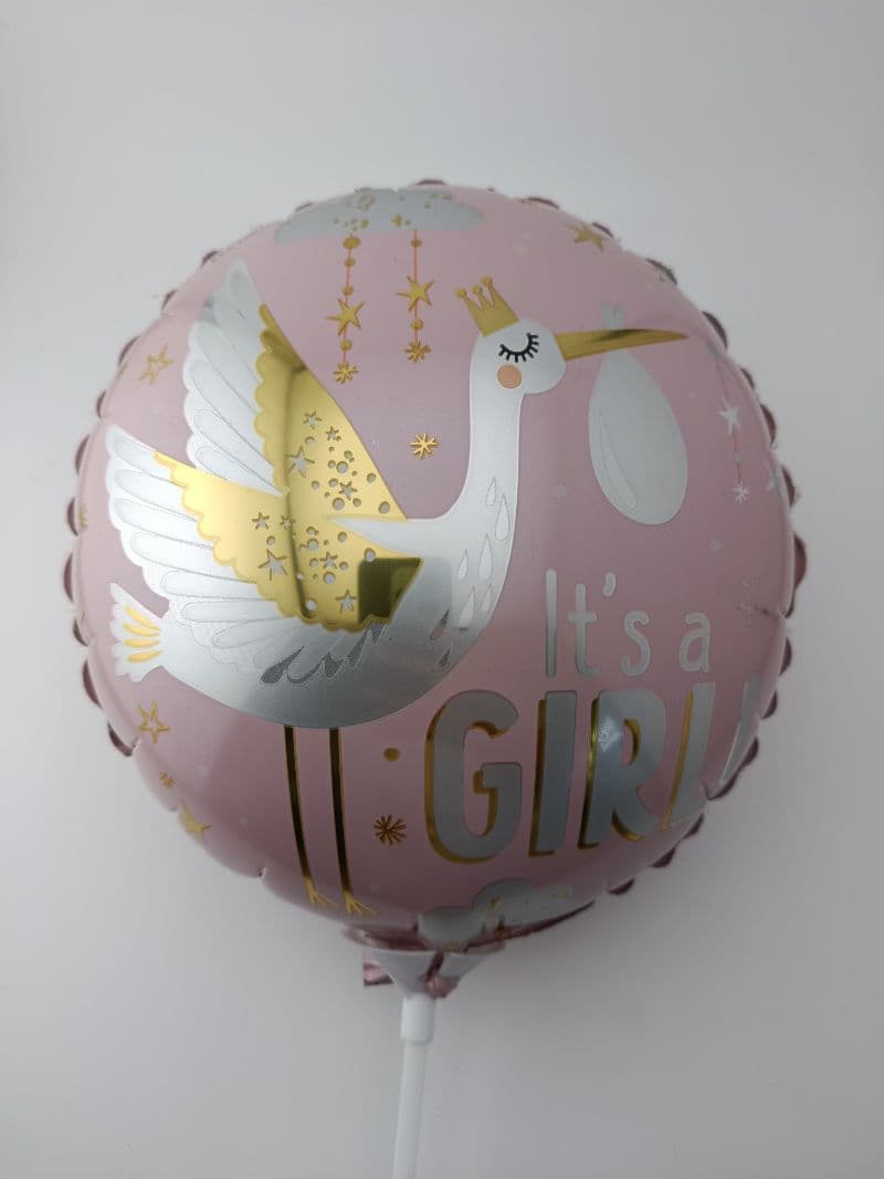 Globo metalizado redondo "It's a Girl" con diseño de cigüeña