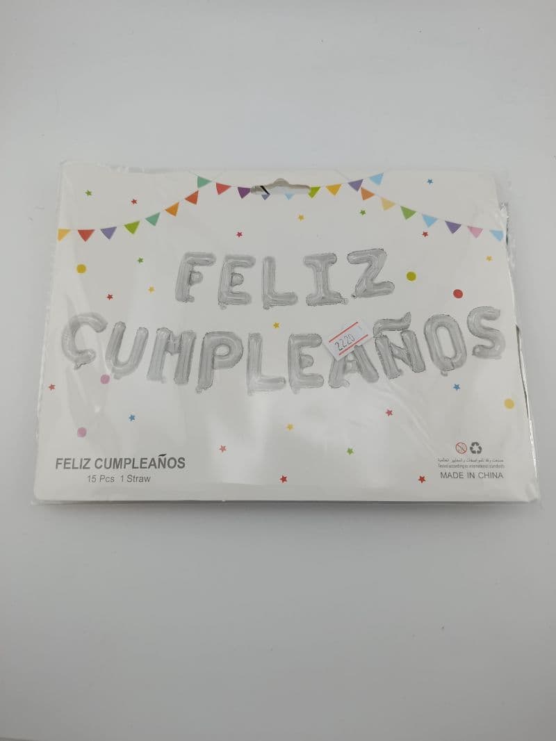 Globos metalizados "Feliz Cumpleaños" — set de 15 piezas plateadas