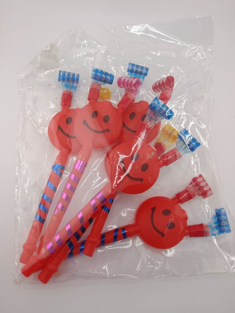 Trompetillas de fiesta con carita feliz, 21 cm, paquete de 6