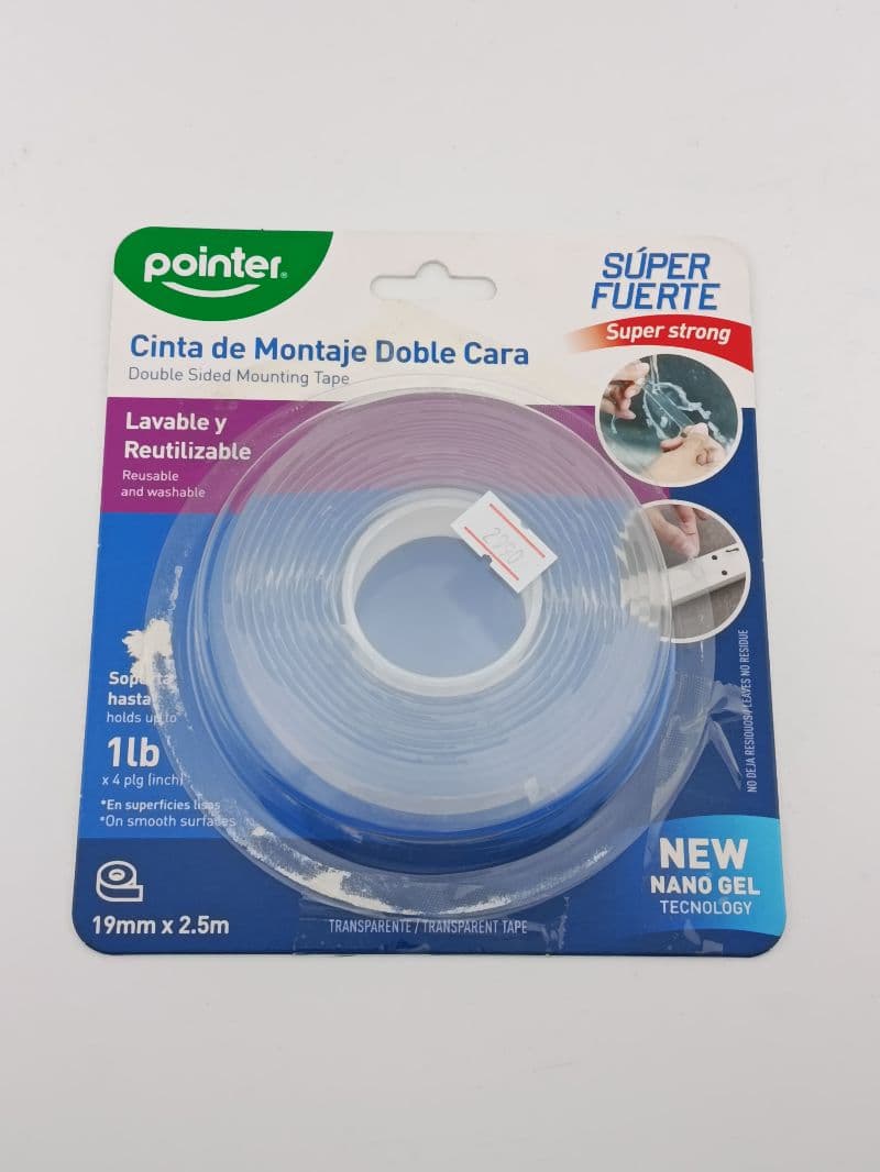 Cinta de montaje doble cara Pointer 19 mm x 2,5 m, lavable y reutilizable