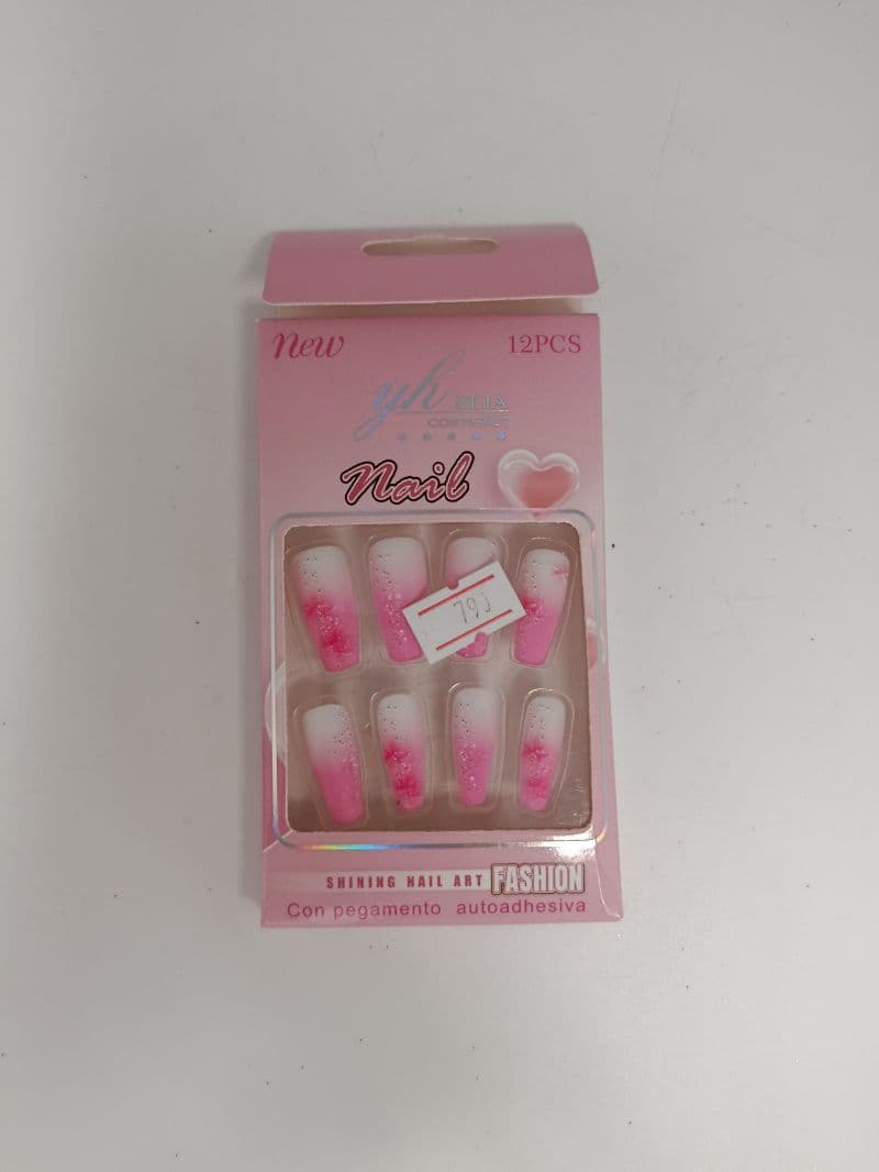 Uñas postizas decoradas 3D en degradado rosado, 12 piezas autoadhesivas